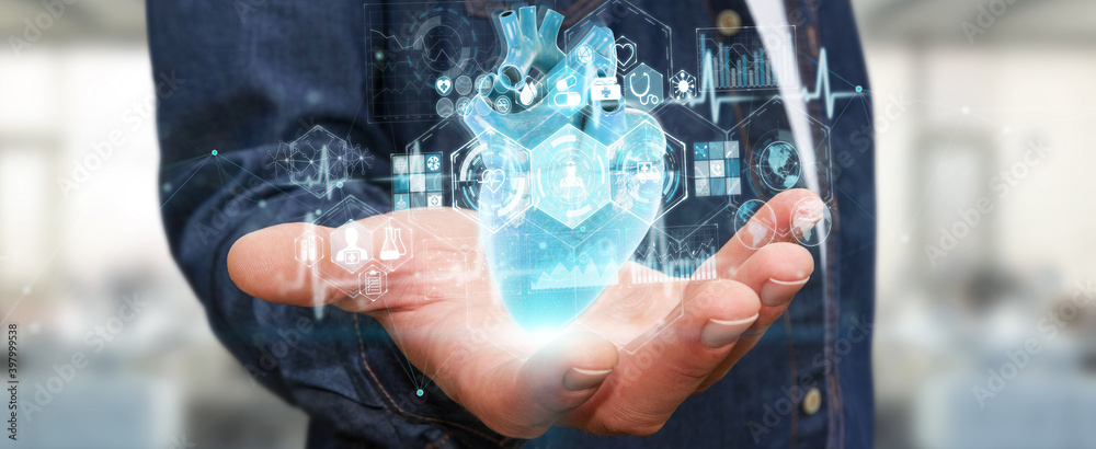 Poster Man using digital x-ray of human heart holographic scan projection 3D rendering