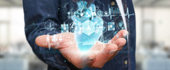 Man using digital x-ray of human heart holographic scan projection 3D rendering