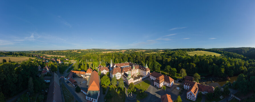Drone aerial panorama Flight over Kloster St. Marienthal old monastery, Saxony