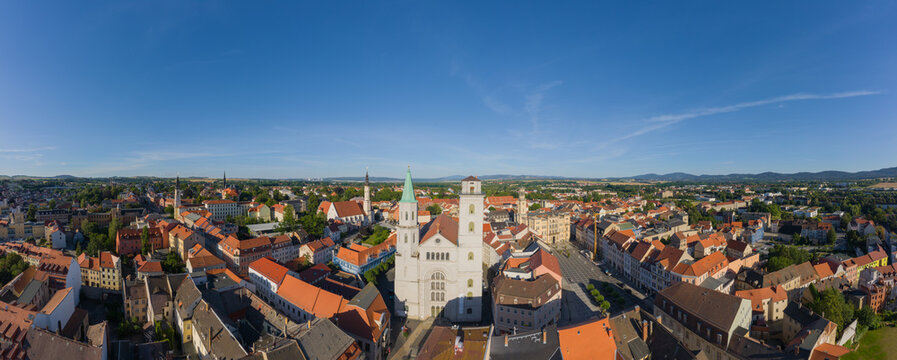 Drone aerial panorama Flight over Zittau old town and Johanniskirche, Saxony
