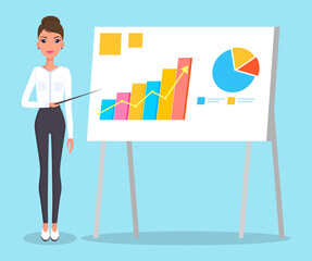 Confident young woman gives a report, smiling businesswoman standing near flipchart with statistical indicators diagrams. Business presentation and project management concept vector illustration