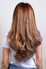 Fototapeta premium Half body portrait of rear view of a woman with long brown wavy hair wear casual clothes