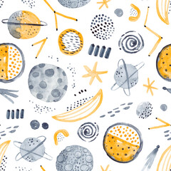 Cute seamless pattern with abstract planets and stars. Perfect for kids fabric, textile, nursery wallpaper. Watercolor illustration. Abstract space.