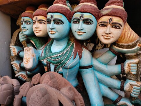 Prayagraj, Uttar Pradesh India- November 21 2020: Multiple heads of the Hindu god Shiva in the Panchmukhi form.