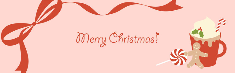 Christmas vector background with ribbons, sweets and a cup of Christmas drink for social media posts, banner, card design, etc.	
