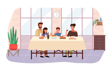 Fototapeta premium Italian family at home vector illustration. Dining table with pasta and snack. Arrangement of furniture. People eating italian food in apartment. Parents drink wine. Children with forks in their hands