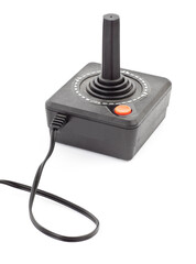 Retro joystick with one orange button. Studio photo isolated on white background. © Stockis