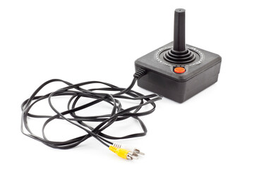 Retro joystick with one orange button. Studio photo isolated on white background.