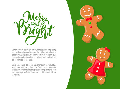 Gingerbread cookies, gingermen in bowtie and dress. Christmas snack or treat, dessert or pastry, New Year celebration dish, winter holiday vector
