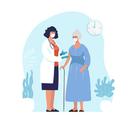 Doctor in clinic giving coronavirus vaccine to an elderly woman, conceptual illustration for immunity health. Adult immunization, covid vaccine. Flat illustration isolated on white background