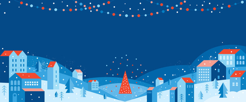 Urban landscape in a geometric minimal flat style. New year and Christmas winter city among snowdrifts, falling snow, trees and festive garlands. Abstract horizontal banner with space for the text
