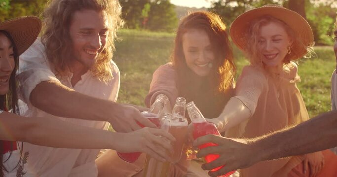 Cheerful people clinking with glass bottles with drink in sunshine lighting. Diverse millennial friends having picnic and spending good time together while sitting on grass in park