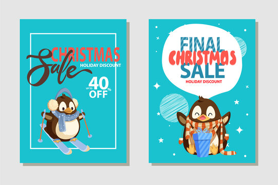 Total Christmas sale posters, penguins skiing and opening gift box with presents. Wintertime discounts advertisements with cartoon animals in frame and on snow