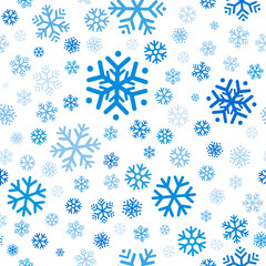 Fototapeta na wymiar Flying blue snowflakes, snow seamless pattern on white background. Winter abstract on blue sky. Christmas and new year backdrop. Vector illustration