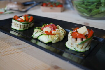 Italian recipe, Food composition using Bread, mushrooms,  courgettes, spinach, tomatoes, nutmeg and cheese.