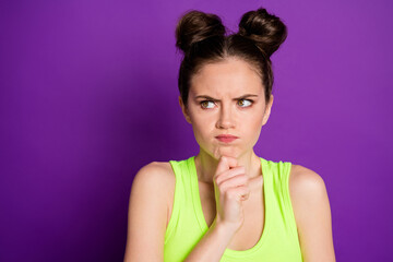 Fototapeta premium Photo of frustrated angry girl touch chin hand look copyspace wear singlet isolated purple color background