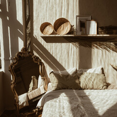 Modern boho style home interior design. Bohemian bedroom. Sunlight shadows on the wall. Hygge concept. © Floral Deco