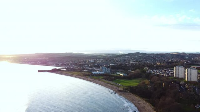 Beach and town Kirkcaldy aerial view, Fife, Scotland.