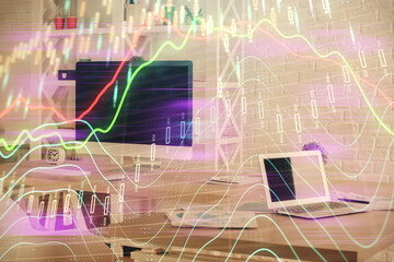 Double exposure of financial graph drawing and office interior background. Concept of stock market.