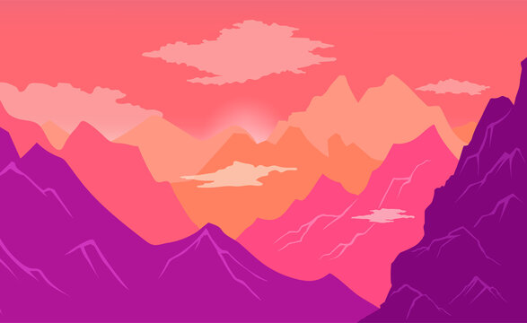 Natural landscape background with mountains, clear sky and clouds, sharp peaks and steep slopes high view. The rising sun illuminates the mountain peaks in lilac pink color. Beautiful nature panorama © robu_s