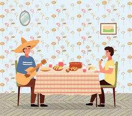 Dining room in mexican style vector illustration. Dining table with tacos and burritos. Man in a sombrero plays the guitar. Guys eating mexican food. People in national costumes have dinner together