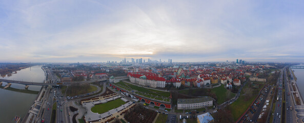 Drone aerial panorama Flight over warsaw Warszawa old town and the weichsel river, Poland