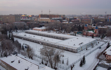 The inscription: "emergency department".  A quickly built hospital for coronavirus patients in Omsk specifically for the pandemic. Hospital for patients with covid-19 in Omsk at Gusarov 4a.