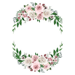 Watercolor white and pink peonies wreath. White roses isolated round frame. Rustic wedding banner. Cute wreath for decoration, design. White,  pink, green tone. For invitations, bridal shower,  design