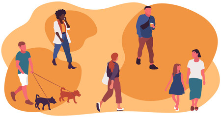 Stock vector people walking in the park. Men, women, children outdoors with different kinds of activities. Illustration in flat style