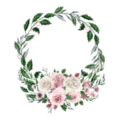 Watercolor white, pink peonies wreath. White roses isolated round frame. Rustic wedding banner. Cute wreath for decoration, design. White,  pink, green tones. For invitations, bridal shower