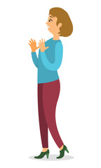 Attractive professional fair-haired woman with a surprised expression, vector illustration. Happy female in trousers and high heels makes a hand gesture side view isolated on white background