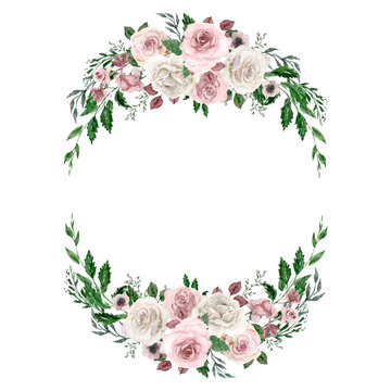 Watercolor white and pink peonies wreath. White roses isolated round frame. Rustic wedding banner. Cute wreath for decoration, design. White,  pink, green tone. For invitations, bridal shower,  design