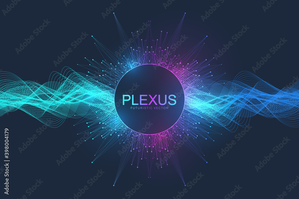 Fototapete Abstract plexus background with dynamic particles wave flow. Plexus stream background. 3D data visualization with fractal elements. Cyberpunk style. Digital vector illustration