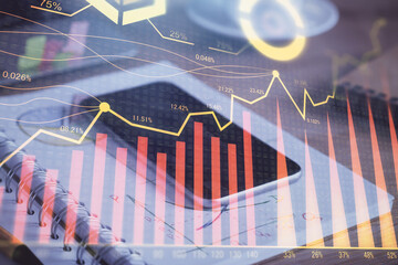 Double exposure of forex chart drawing and cell phone background. Concept of financial data analysis