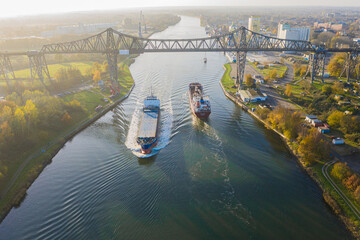 Drone flight over the Hochbrücke Rendsburg at the River Wehrau with a overview, Schleswig holstein Germany