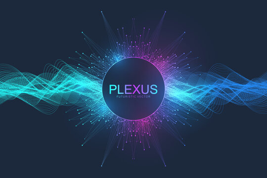 Abstract plexus background with dynamic particles wave flow. Plexus stream background. 3D data visualization with fractal elements. Cyberpunk style. Digital vector illustration
