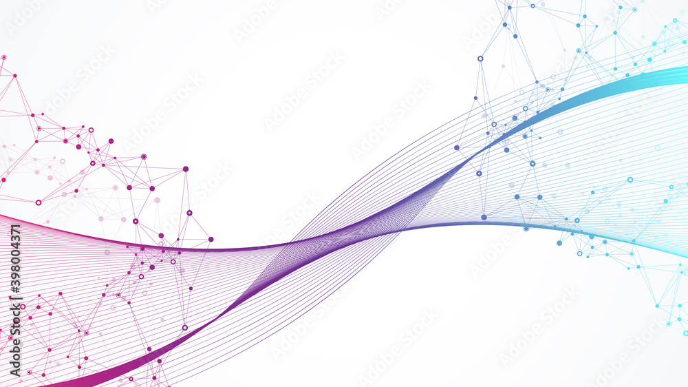 Poster Geometric abstract background with connected lines and dots. Connectivity flow point. Molecule and communication background. Graphic connection background for your design. Vector illustration.