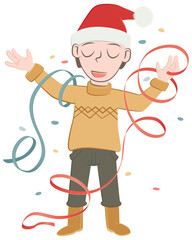 A happy boy at a Christmas party. Retro style illustration of a boy with streamers and confetti celebrating Christmas.