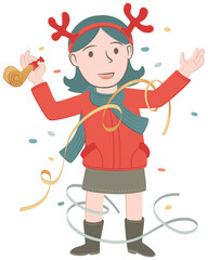 A happy girl at a Christmas party. Retro style illustration of a girl with a noisemaker and confetti celebrating Christmas.