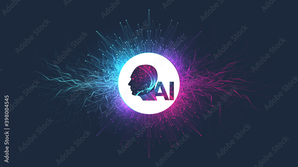Poster Artificial intelligence with Digital Brain, Neural Networks and Learning Processing Big Data, Machine Learning concept. Binary data flow on blue background. Vector illustration