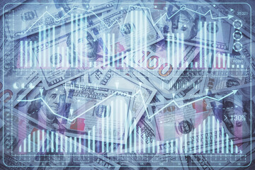 Double exposure of forex graph drawing over us dollars bill background. Concept of financial markets.