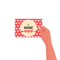 Romantic card in hand with the words be mine in modern flat style. Woman holds valentine isolated. Vector stock illustration