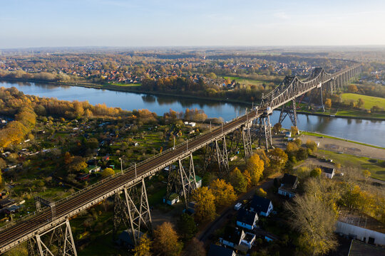 Drone flight over the Hochbr&uuml;cke Rendsburg at the River Wehrau with a overview, Schleswig holstein Germany