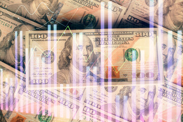 Multi exposure of forex chart drawing over us dollars bill background. Concept of financial success markets.
