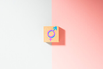 Concepto de igualdad de género, cubo de madera con símbolos masculino y femenino sobre fondo azul...