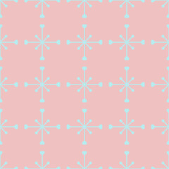 Pink seamless pattern with simple blue snowflakes for Christmas and New Year design, wrapping paper, wallpapers. 