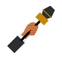 Hand holding a microphone vector illustration. Correspondent interviews with special equipment. Man holds a device for recording a human voice. Journalist hold microphone isolated on white background