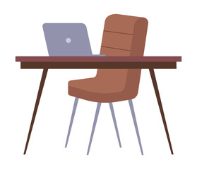 Modern workplace flat design. Office chair and office desk with a laptop isolated on white background. Furniture and equipment for the workplace of an employee or office worker, cabinet interior