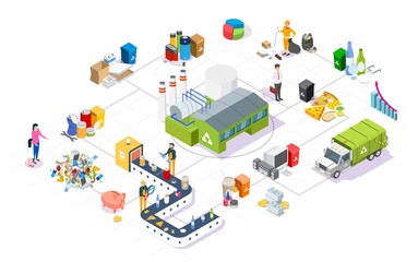 Garbage collection, sorting and recycling isometric flowchart, flat vector illustration. Waste recycling plant, garbage truck, household waste, recycle bins and characters.