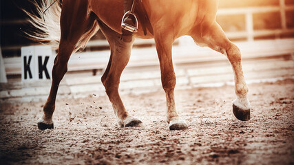 The hooves of a fast, strong horse galloping across the sand are illuminated by bright sunlight....